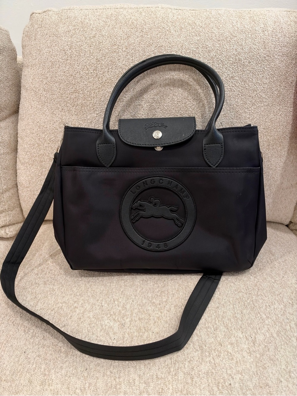 Longchamp Black Nylon Shoulder Bag with Logo Patch